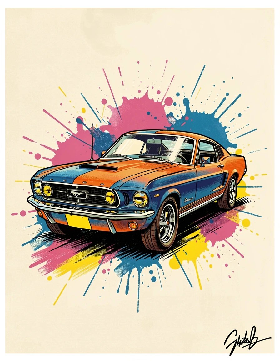 Vibrant Pop Art Vintage Ford Mustang Sticker Graphic Illustration