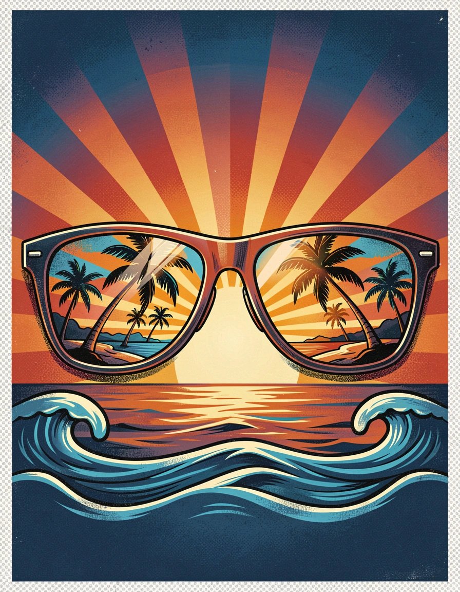 Vibrant Retro Pop Art Sunglasses Banner with Tropical Beach Reflection and Sunset