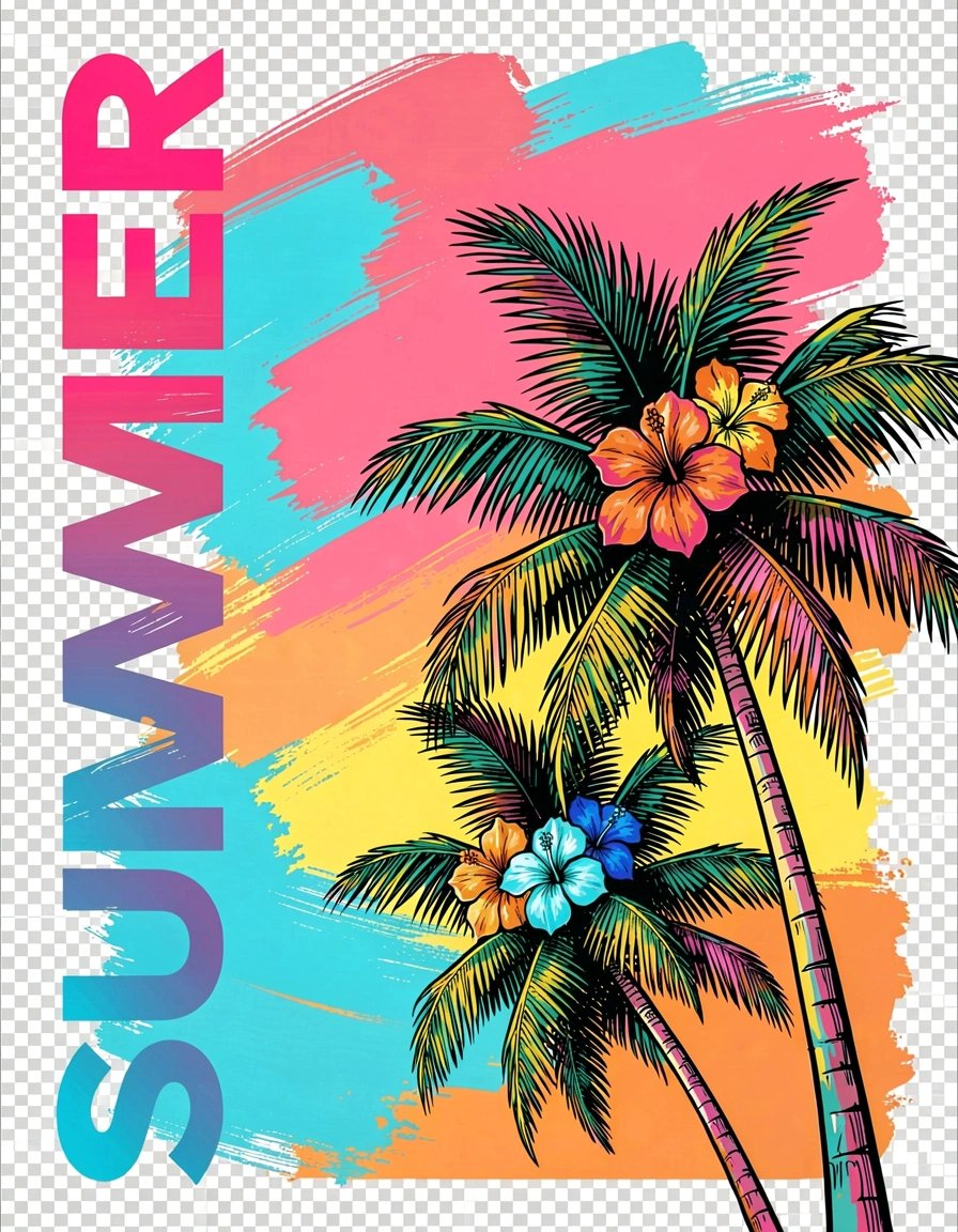 Vibrant Summer Palm Trees and Tropical Flowers Marker Art Poster with Bold Gradient Typography