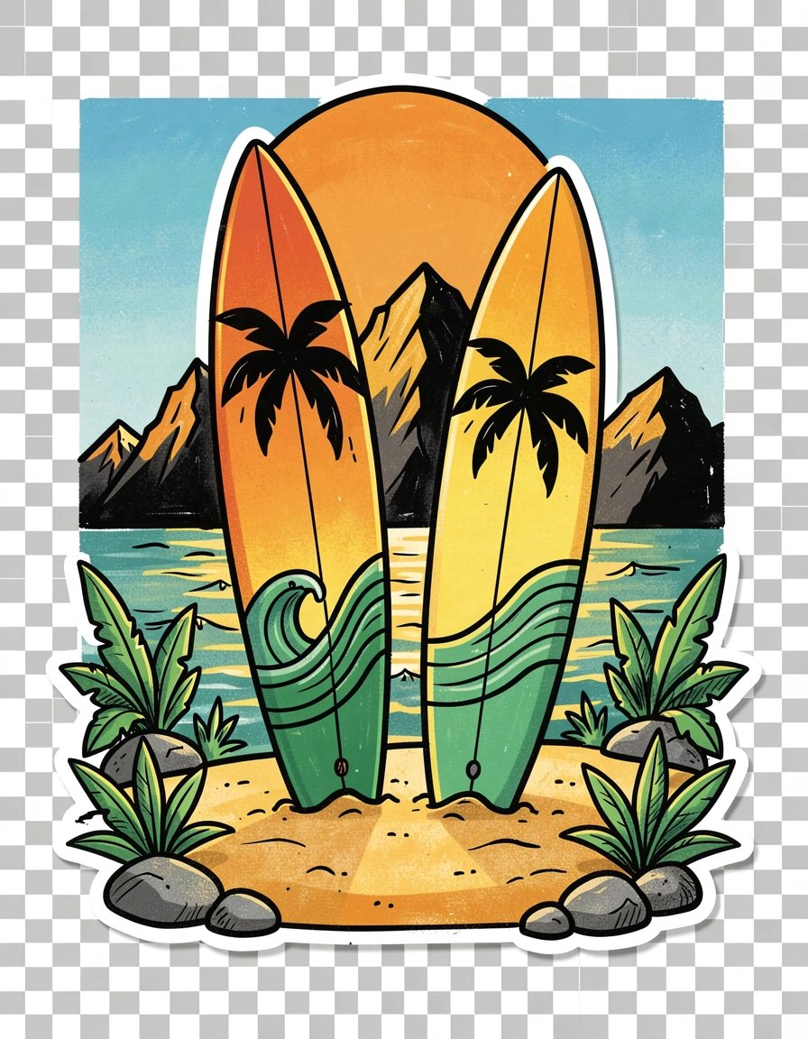 Vibrant Surfboard Sunset Sticker Design with Palm Tree and Wave Graphics