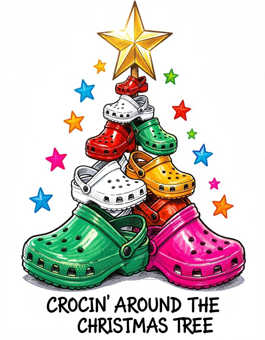 Whimsical Colorful Crocs Christmas Tree Illustration Marker Art for Festive Stickers