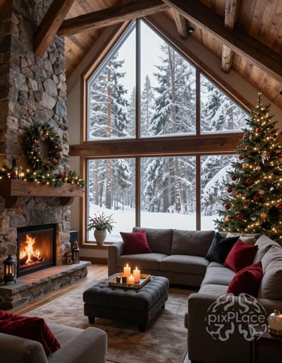 Cozy Cabin Living Room with Snowy Forest View