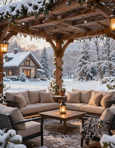 Cozy Winter Pergola Outdoor Seating Area