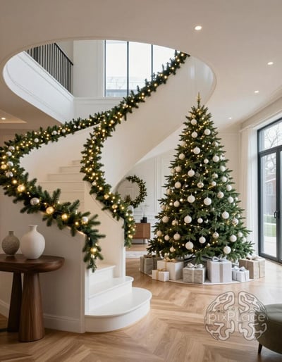 Elegant Christmas Entryway with Curved Staircase