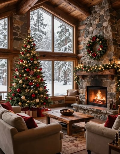 Cozy Christmas Cabin Living Room