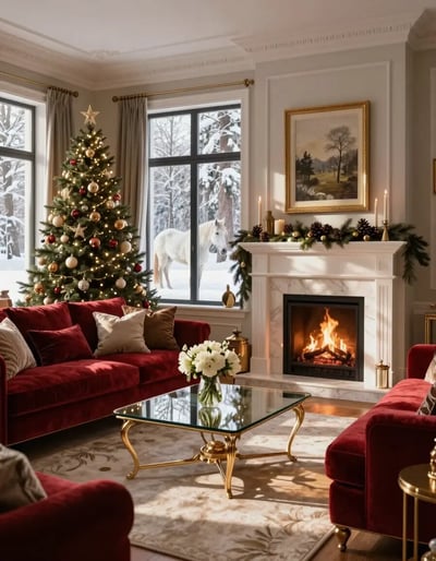 Cozy Christmas Living Room with Snowy Forest View