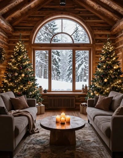 Cozy Log Cabin Winter Living Room