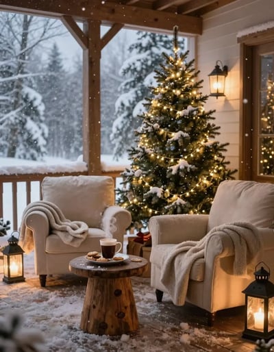 Cozy Winter Porch with Christmas Tree