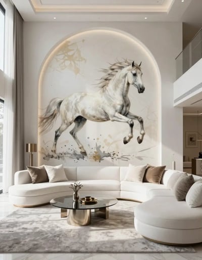 Elegant Living Room with Dynamic Horse Mural