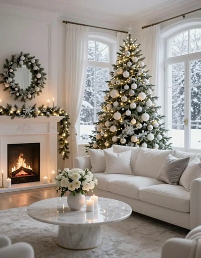 Elegant White Christmas Living Room