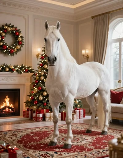 Luxurious Christmas Living Room with White Horse