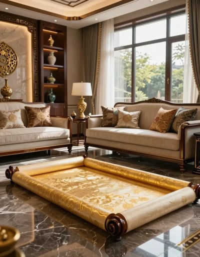 Luxurious Living Room with Golden Scroll