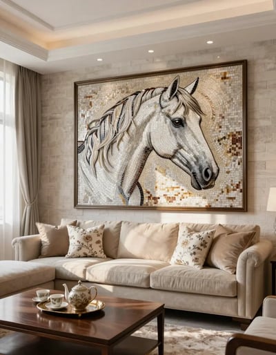 Luxurious Living Room with Mosaic Horse Artwork
