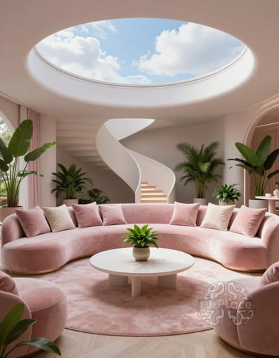 Luxurious Pink Living Room with Skylight