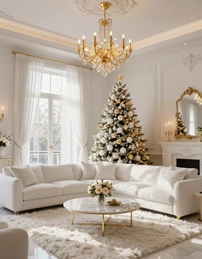 Luxurious White Living Room with Christmas Decor