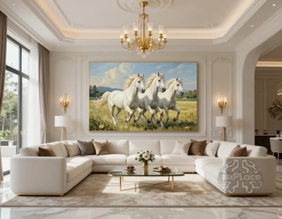Luxurious White Living Room with Horse Painting