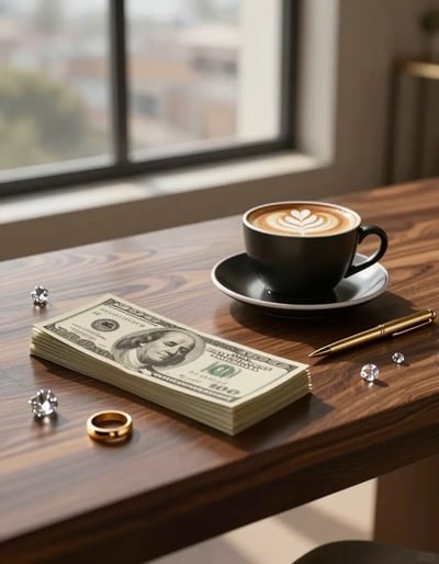 Luxurious Workspace with Coffee and Jewels