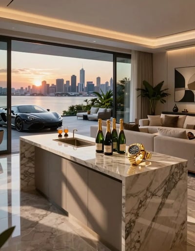 Luxury Modern Living Room with City Skyline View