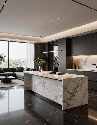 Luxury Open-Plan Living Space with Marble Kitchen Island