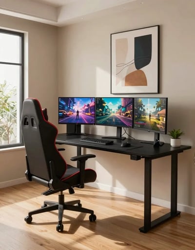 Modern Gaming Room with Sleek Desk and Vibrant Art