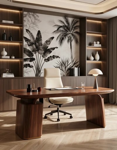 Modern Home Office with Curved Wooden Desk
