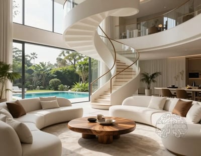 Modern Luxurious Living Room with Spiral Staircase