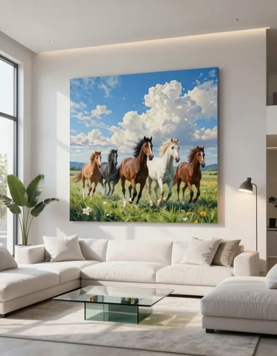 Modern Minimalist Living Room with Equine Art