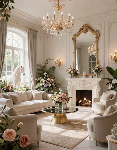 Mythical Elegance: A Luxurious Living Room Inspired by Unicorn Fantasy