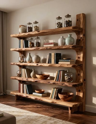 Organic Wooden Shelving Unit in Cozy Living Room