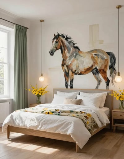 Serene Bedroom with Abstract Horse Mural