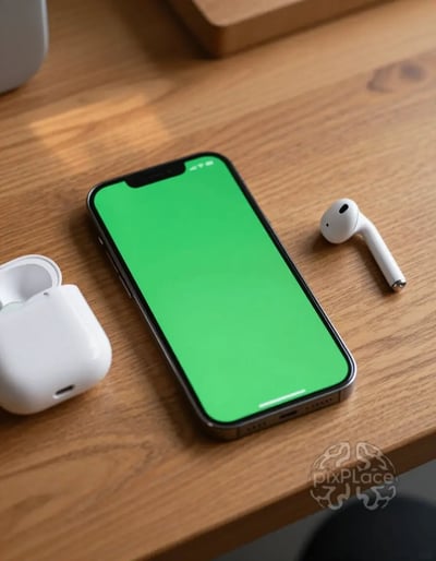 Smartphone and Wireless Earbuds on Wooden Table