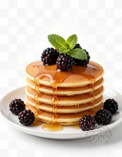 Syrup Drizzled Pancake Stack with Blackberries and Mint