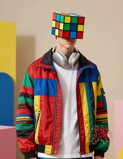 Vibrant Streetwear with Rubik's Cube Helmet