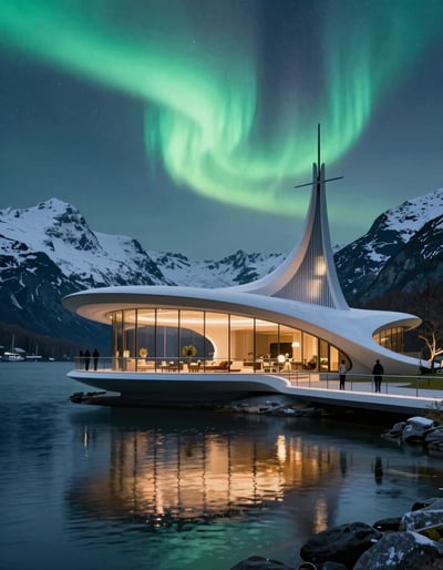 Aurora Oasis: Futuristic Lakeside Retreat