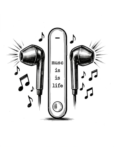 Black and White Marker-Style Earbuds Illustration with Music Player and Floating Notes