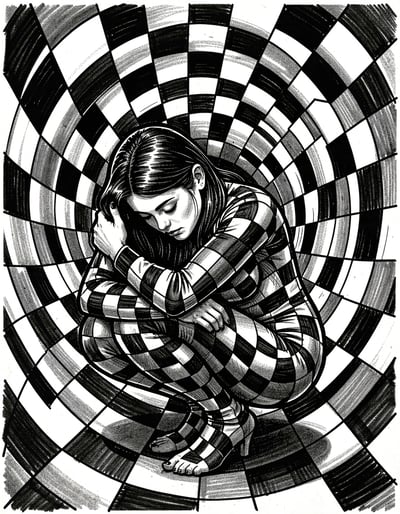 Black and White Pop Art Woman in Spiral Tunnel Checkered Pattern Banner
