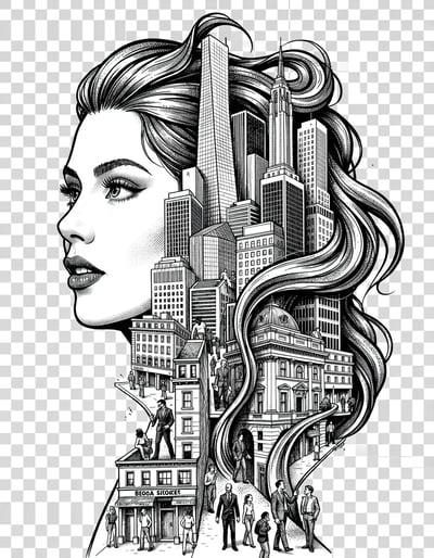 Black and White Pop Art Banner Featuring Woman's Profile Morphing Into Cityscape with Dynamic Marker Illustration