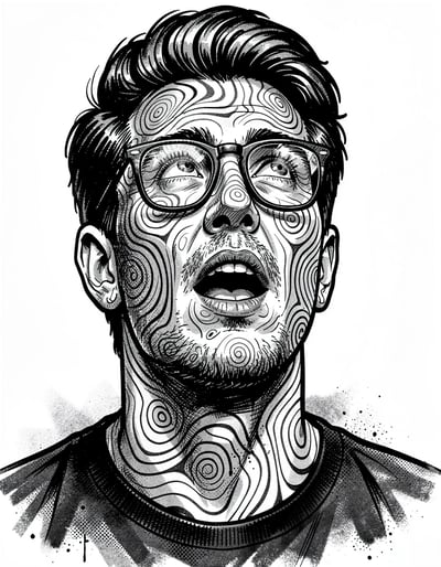 Black and White Pop Art Man with Intricate Swirling Patterns Sticker Design