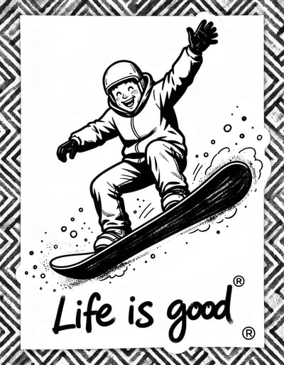 Black-and-White Pop Art Snowboarder Banner with Joyful Expression and Bold Lines