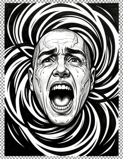 Black-and-White Screaming Face Marker Illustration with Swirling Surreal Patterns for Stickers and Prints