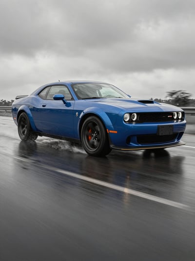 Blue Dodge Challenger SRT Hellcat on Wet Road