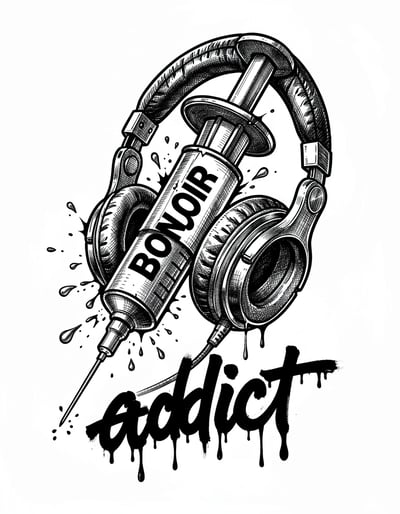Bold Black-and-White Syringe and Headphones Illustration for Music Addiction Sticker and Poster Art