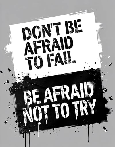 Bold Distressed Stencil Art Banner with Motivational Typography in Black and White