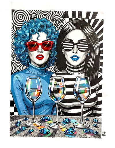 Bold Pop Art Banner Featuring Two Stylish Women with Geometric Patterns and Vibrant Colors