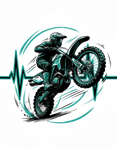 Bold Pop Art Dirt Bike Rider Silhouette with ECG Waveform in Vibrant Teal for Stickers and Prints