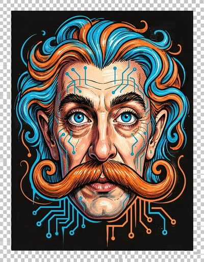 Bold Pop Art Poster Featuring Salvador Dali with Exaggerated Mustache and Circuit Hair Design