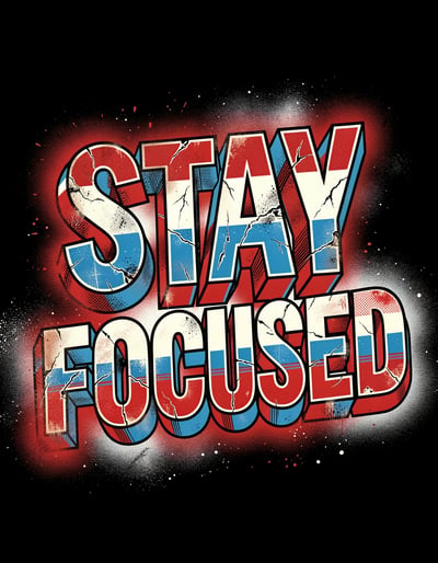Bold Pop Art Style STAY FOCUSED Banner with 3D Distressed Red White and Blue Text