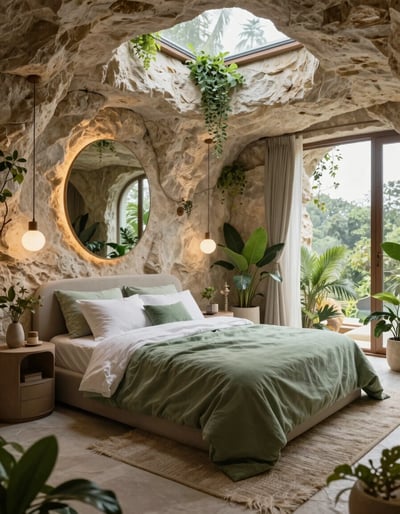 Cave-Inspired Serene Bedroom Oasis