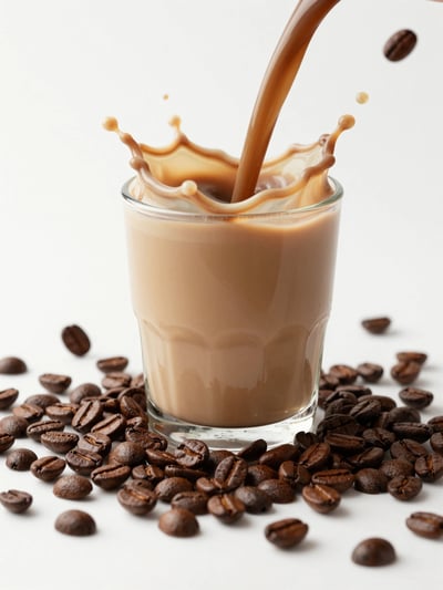 Coffee Drink with Splashing Liquid and Coffee Beans