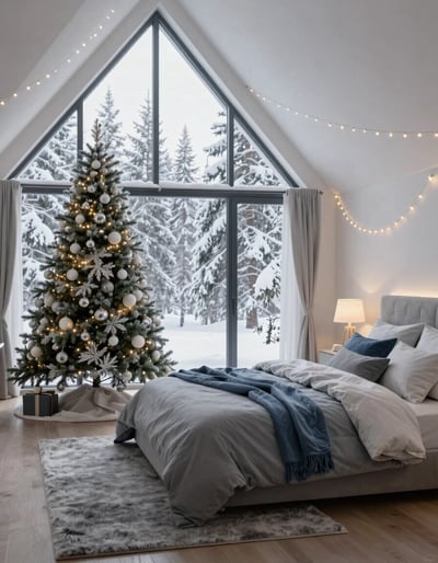 Cozy Winter Bedroom with Christmas Tree